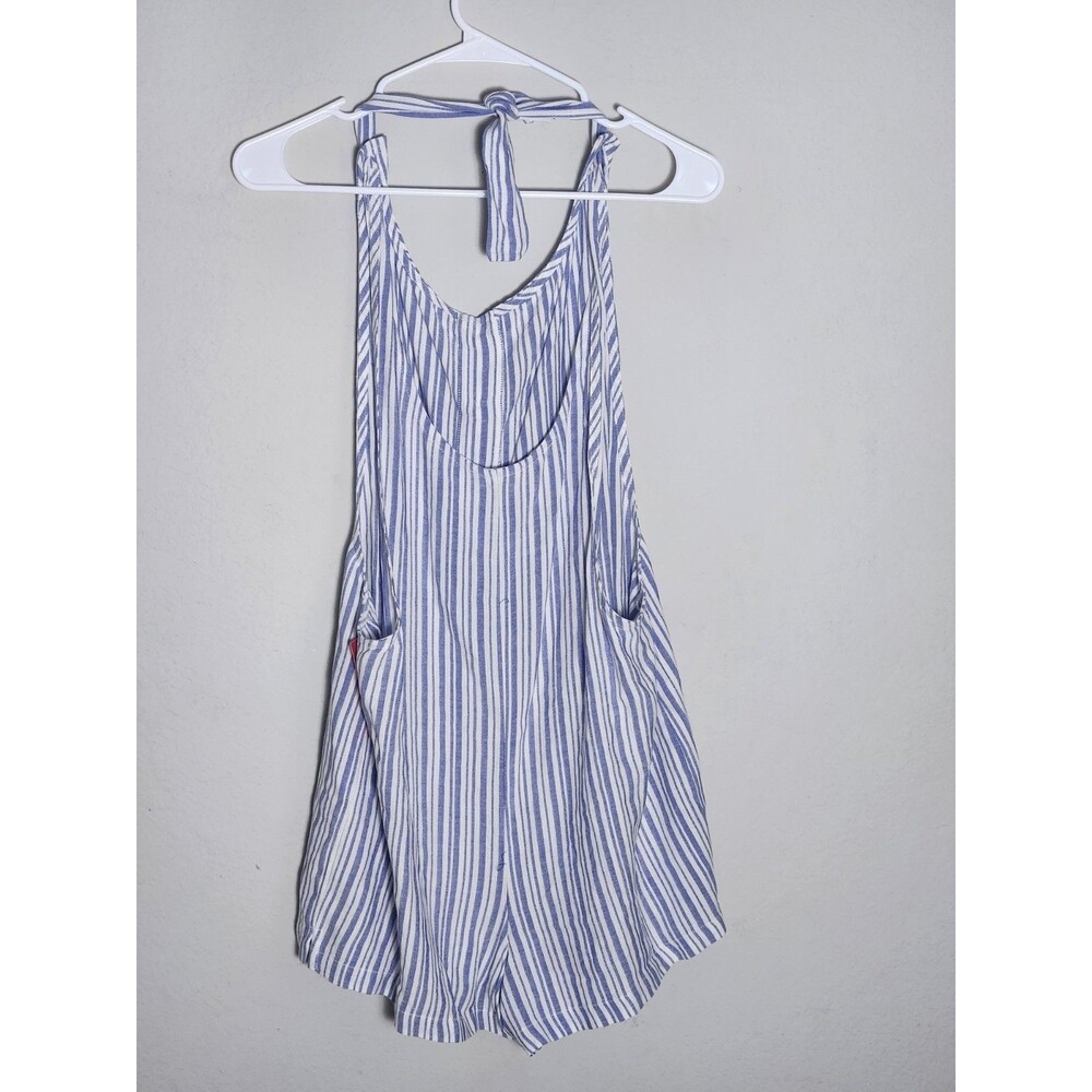 Xhilaration Womens L Blue White Striped Romper Button Tie Sleeveless Pockets - Picture 6 of 7
